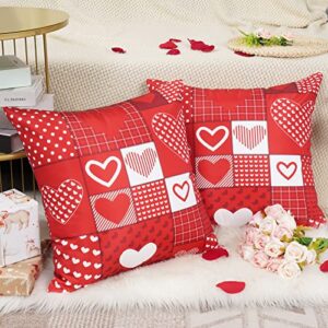 Valentine's Day Pillow Covers 18 x 18 Inch, Set of 2 Red Waterproof Throw Pillow Covers Outdoor, Love Heart Plaid Decorative Cushion Pillow Cases for Anniversary Couch Patio Furniture Bench Bed Sofa