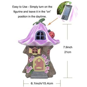 Trasfit Fairy Garden Statue House Figurine, Lovely Purple Flowers Tree House with Solar LED Lights for Indoor Outdoor Patio Yard Lawn Ornaments Gift (Purple Flowers Tree House)