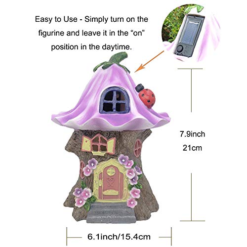 Trasfit Fairy Garden Statue House Figurine, Lovely Purple Flowers Tree House with Solar LED Lights for Indoor Outdoor Patio Yard Lawn Ornaments Gift (Purple Flowers Tree House)