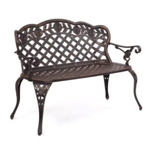 VINGLI 42.5" Patio Garden Bench Outdoor Metal Rose Loveseat,Cast Iron Cast Aluminium Frame Antique Finish Park Chair,Accented Lawn Front Porch Path Yard Bronze Decor Deck Furniture for 2 Person Seat