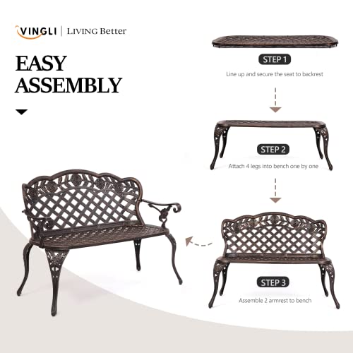 VINGLI 42.5" Patio Garden Bench Outdoor Metal Rose Loveseat,Cast Iron Cast Aluminium Frame Antique Finish Park Chair,Accented Lawn Front Porch Path Yard Bronze Decor Deck Furniture for 2 Person Seat