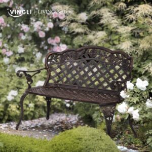 VINGLI 42.5" Patio Garden Bench Outdoor Metal Rose Loveseat,Cast Iron Cast Aluminium Frame Antique Finish Park Chair,Accented Lawn Front Porch Path Yard Bronze Decor Deck Furniture for 2 Person Seat