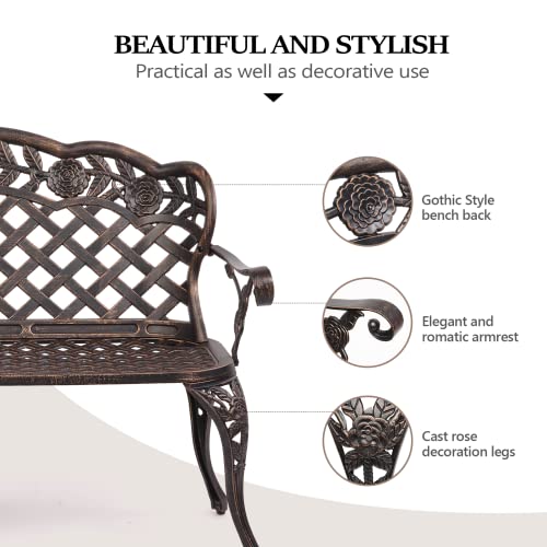 VINGLI 42.5" Patio Garden Bench Outdoor Metal Rose Loveseat,Cast Iron Cast Aluminium Frame Antique Finish Park Chair,Accented Lawn Front Porch Path Yard Bronze Decor Deck Furniture for 2 Person Seat