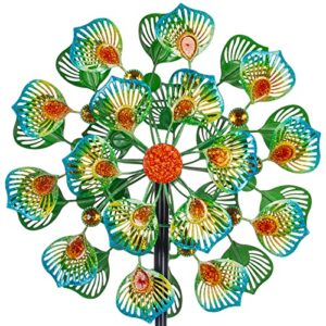dreamsoul metal wind spinner, 360 degree wind sculptures & spinners outdoor peacock windmills for yard and garden(13.4″ w x 59.8″ h)