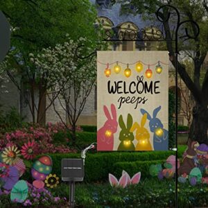 Welcome Easter Garden Flag with Lights Solar Powered Double Sided Spring Lawn Flag Welcome Peeps Rustic Farmhouse Yard Decor 12.5 x 18 Inch Solar Easter Lights Outdoor Decoration Easter Gift