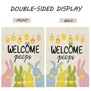 Welcome Easter Garden Flag with Lights Solar Powered Double Sided Spring Lawn Flag Welcome Peeps Rustic Farmhouse Yard Decor 12.5 x 18 Inch Solar Easter Lights Outdoor Decoration Easter Gift