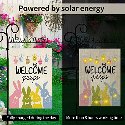 Welcome Easter Garden Flag with Lights Solar Powered Double Sided Spring Lawn Flag Welcome Peeps Rustic Farmhouse Yard Decor 12.5 x 18 Inch Solar Easter Lights Outdoor Decoration Easter Gift