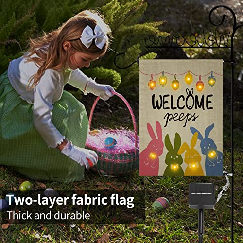 Welcome Easter Garden Flag with Lights Solar Powered Double Sided Spring Lawn Flag Welcome Peeps Rustic Farmhouse Yard Decor 12.5 x 18 Inch Solar Easter Lights Outdoor Decoration Easter Gift