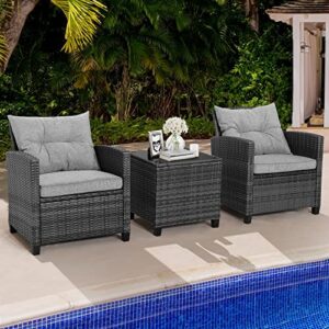 HAPPYGRILL 3 Pieces Patio Furniture Set Outdoor PE Rattan Conversation Set with Removable Cushions, PE Wicker Sofas with Tempered Glass Side Table for Porch Lawn Garden Balcony Backyard