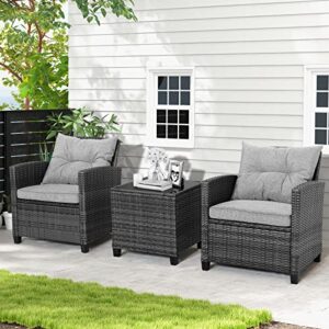 HAPPYGRILL 3 Pieces Patio Furniture Set Outdoor PE Rattan Conversation Set with Removable Cushions, PE Wicker Sofas with Tempered Glass Side Table for Porch Lawn Garden Balcony Backyard