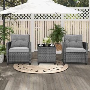 HAPPYGRILL 3 Pieces Patio Furniture Set Outdoor PE Rattan Conversation Set with Removable Cushions, PE Wicker Sofas with Tempered Glass Side Table for Porch Lawn Garden Balcony Backyard