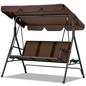 haddockway 3-seater outdoor adjustable canopy swing chair,porch swing with stand,armrests,textilene fabric,steel frame,patio swing with canopy for garden,backyard,balcony,poolside (brown)