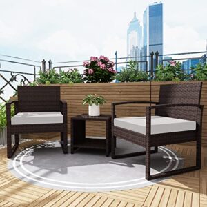 layinsun 3 pieces patio set outdoor wicker conversation bistro set,pe rattan chairs with coffee table for porch lawn garden backyard (brown-light grey)