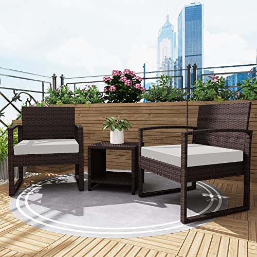 LayinSun 3 Pieces Patio Set Outdoor Wicker Conversation Bistro Set,PE Rattan Chairs with Coffee Table for Porch Lawn Garden Backyard (Brown-Light Grey)