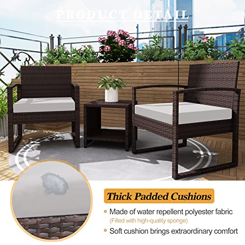 LayinSun 3 Pieces Patio Set Outdoor Wicker Conversation Bistro Set,PE Rattan Chairs with Coffee Table for Porch Lawn Garden Backyard (Brown-Light Grey)