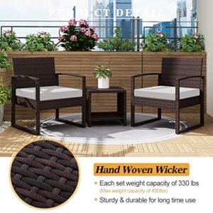 LayinSun 3 Pieces Patio Set Outdoor Wicker Conversation Bistro Set,PE Rattan Chairs with Coffee Table for Porch Lawn Garden Backyard (Brown-Light Grey)