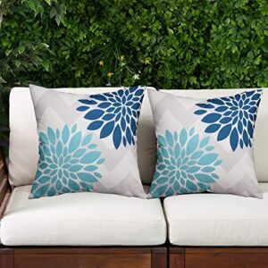 outdoor waterproof throw pillow covers 18×18 inch teal and turquoise dahlia flower outdoor decor accent pillows for patio furniture set of 2