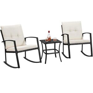 yaheetech 3-piece patio furniture set, outdoor rocking chairs bistro set, 2 pe rattan chairs with glass coffee table wicker furniture set – for garden balcony backyard poolside