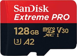 sandisk 128gb extreme pro® microsd™ uhs-i card with adapter c10, u3, v30, a2, 200mb/s read 90mb/s write sdsqxcd-128g-gn6ma