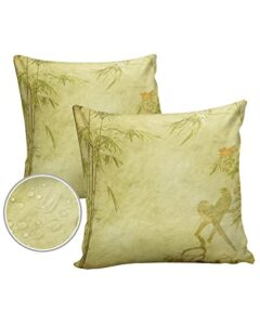 outdoor pillow covers for patio furniture 26×26 inch 2pcs, square waterproof garden cushion vintage flowers bamboo bird throw pillow cover shell for sofa couch bench seat