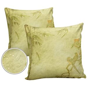 Outdoor Pillow Covers for Patio Furniture 26x26 inch 2PCS, Square Waterproof Garden Cushion Vintage Flowers Bamboo Bird Throw Pillow Cover Shell for Sofa Couch Bench Seat