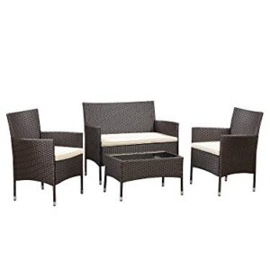 Amazon Basics Outdoor Patio Garden Faux Wicker Rattan Chair Conversation Set with Cushion - 4-Piece Set, Brown