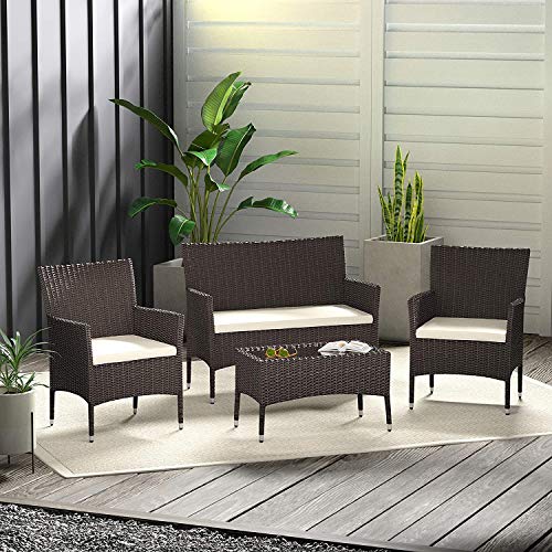 Amazon Basics Outdoor Patio Garden Faux Wicker Rattan Chair Conversation Set with Cushion - 4-Piece Set, Brown