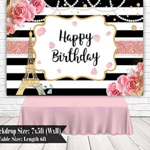 Sensfun Paris Birthday Backdrop Eiffel Tower French Theme Birthday Photo Background 7x5ft Pink Roses Ooh La La Black White Stripes Floral Happy Birthday Backdrops Decorations