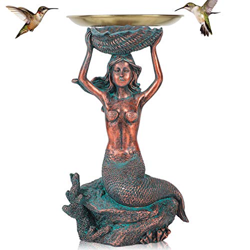 JUNIQUTE Outdoor Mermaid Statue,Mermaid Solar with Plates Garden Figurine,Mermaid Bird Bath Feeder,Mermaid Garden Decor for Patio Lawn Yard Display Decor(Bronze)