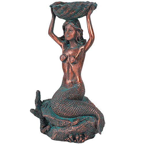 JUNIQUTE Outdoor Mermaid Statue,Mermaid Solar with Plates Garden Figurine,Mermaid Bird Bath Feeder,Mermaid Garden Decor for Patio Lawn Yard Display Decor(Bronze)