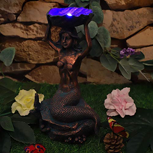 JUNIQUTE Outdoor Mermaid Statue,Mermaid Solar with Plates Garden Figurine,Mermaid Bird Bath Feeder,Mermaid Garden Decor for Patio Lawn Yard Display Decor(Bronze)