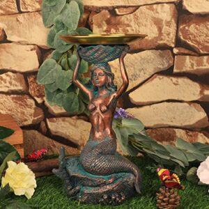 JUNIQUTE Outdoor Mermaid Statue,Mermaid Solar with Plates Garden Figurine,Mermaid Bird Bath Feeder,Mermaid Garden Decor for Patio Lawn Yard Display Decor(Bronze)