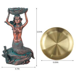 JUNIQUTE Outdoor Mermaid Statue,Mermaid Solar with Plates Garden Figurine,Mermaid Bird Bath Feeder,Mermaid Garden Decor for Patio Lawn Yard Display Decor(Bronze)