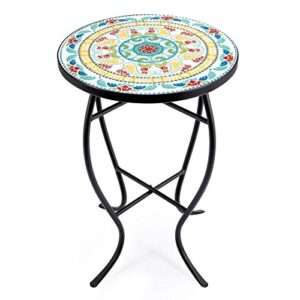 vonluce 21″ mosaic plant stand, 14 inch round side table with ceramic tile top, indoor and outdoor accent table, outdoor patio furniture, end table for garden patio living room more, floral