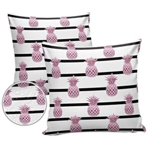 Outdoor Waterproof Throw Pillow Covers Pink Pineapple Lumbar Pillowcases Black Stripe Decorative Outdoor Pillows Cushion Case Patio Pillows for Sofa Couch Bed Garden 18 x 18 Inches