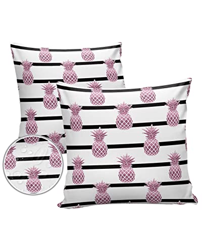 Outdoor Waterproof Throw Pillow Covers Pink Pineapple Lumbar Pillowcases Black Stripe Decorative Outdoor Pillows Cushion Case Patio Pillows for Sofa Couch Bed Garden 18 x 18 Inches