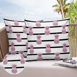 Outdoor Waterproof Throw Pillow Covers Pink Pineapple Lumbar Pillowcases Black Stripe Decorative Outdoor Pillows Cushion Case Patio Pillows for Sofa Couch Bed Garden 18 x 18 Inches