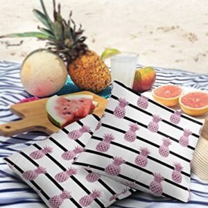 Outdoor Waterproof Throw Pillow Covers Pink Pineapple Lumbar Pillowcases Black Stripe Decorative Outdoor Pillows Cushion Case Patio Pillows for Sofa Couch Bed Garden 18 x 18 Inches