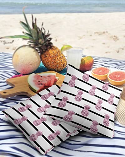 Outdoor Waterproof Throw Pillow Covers Pink Pineapple Lumbar Pillowcases Black Stripe Decorative Outdoor Pillows Cushion Case Patio Pillows for Sofa Couch Bed Garden 18 x 18 Inches