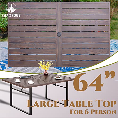 HERA'S HOUSE Patio Dining Table, 64" x 38" Rectangular E-Coating and Powder Coating Wood Look Metal Outdoor Dining Table with 2" Umbrella Hole for Lawn Garden Backyard