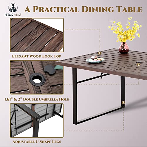 HERA'S HOUSE Patio Dining Table, 64" x 38" Rectangular E-Coating and Powder Coating Wood Look Metal Outdoor Dining Table with 2" Umbrella Hole for Lawn Garden Backyard