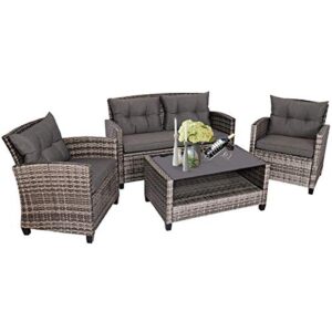 tangkula 4 pcs patio wicker conversation furniture set, outdoor rattan sofa set with padded cushion & tempered glass coffee table, wicker sectional sofas & table for courtyard balcony garden (1, grey)