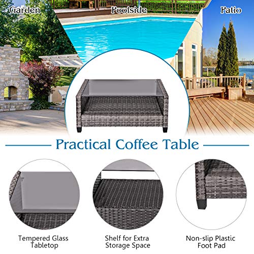 Tangkula 4 PCS Patio Wicker Conversation Furniture Set, Outdoor Rattan Sofa Set with Padded Cushion & Tempered Glass Coffee Table, Wicker Sectional Sofas & Table for Courtyard Balcony Garden (1, Grey)