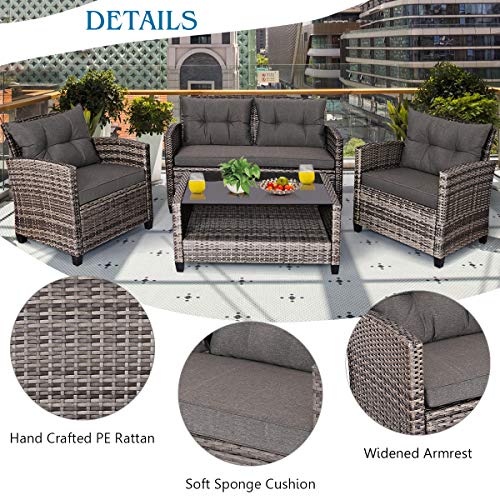 Tangkula 4 PCS Patio Wicker Conversation Furniture Set, Outdoor Rattan Sofa Set with Padded Cushion & Tempered Glass Coffee Table, Wicker Sectional Sofas & Table for Courtyard Balcony Garden (1, Grey)