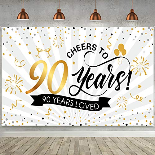 Happy 90th Birthday Backdrop Background Banner Large Men Women 90th Anniversary Backdrop Photo Booth Cheers to 90 Years Banner for 90th Birthday Party Decorations Supplies 72.8 x 43.3 inch