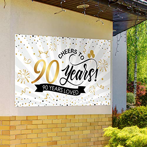 Happy 90th Birthday Backdrop Background Banner Large Men Women 90th Anniversary Backdrop Photo Booth Cheers to 90 Years Banner for 90th Birthday Party Decorations Supplies 72.8 x 43.3 inch