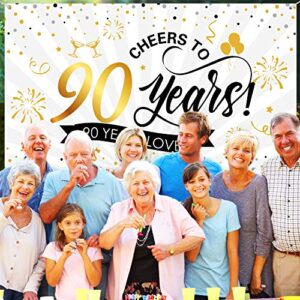 Happy 90th Birthday Backdrop Background Banner Large Men Women 90th Anniversary Backdrop Photo Booth Cheers to 90 Years Banner for 90th Birthday Party Decorations Supplies 72.8 x 43.3 inch