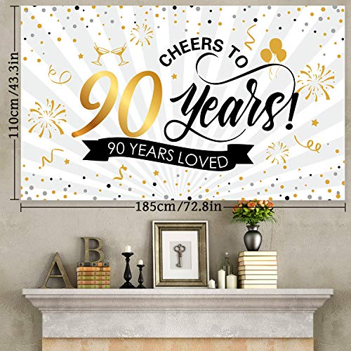 Happy 90th Birthday Backdrop Background Banner Large Men Women 90th Anniversary Backdrop Photo Booth Cheers to 90 Years Banner for 90th Birthday Party Decorations Supplies 72.8 x 43.3 inch