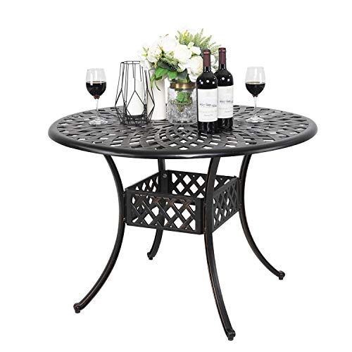 Nuu Garden 42 Inch Patio Dining Table Round Cast Aluminum Bistro Table with Umbrella Hole for Backyard Garden Black with Antique Bronze at The Edge