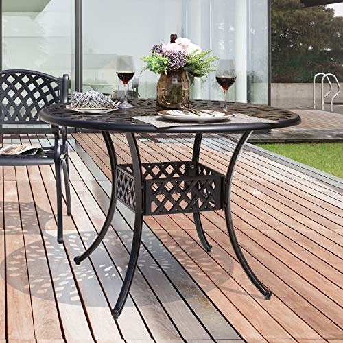 Nuu Garden 42 Inch Patio Dining Table Round Cast Aluminum Bistro Table with Umbrella Hole for Backyard Garden Black with Antique Bronze at The Edge